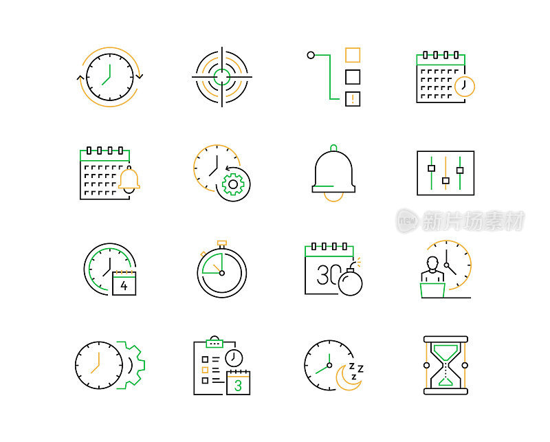 时间管理相关矢量线图标。大纲符号集合
