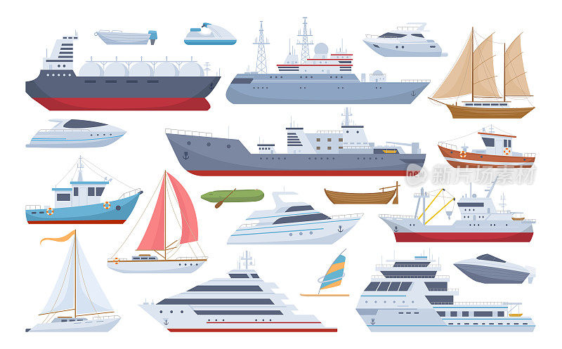 卡通海上船只，小船，游艇和货船。渔船，旅游游船和快艇，水上交通平面矢量插图集。航运船只收集