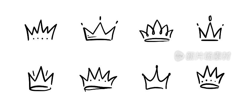 涂鸦冠手绘套装。涂鸦公主王冠，女王王冠。线条素描皇家元素。王后、国王手绘简单的设计元素。孤立的