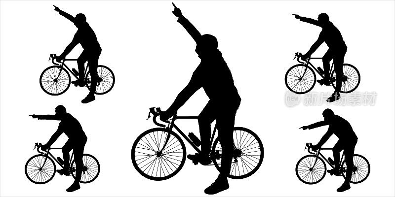 骑自行车的人站在自行车旁边。骑自行车的人用手握住自行车的把手，另一只手指示方向:上、下、侧。孤立在白色