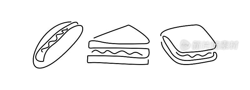 快餐一行。三明治矢量插图。三明治，热狗，令人惊叹的艺术。早餐,咖啡。包子和填料
