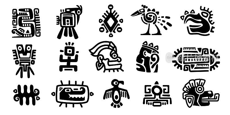 玛雅符号。古代文明宗教图腾人物，墨西哥印第安阿兹特克印加土著的单色图标。向量独立设置