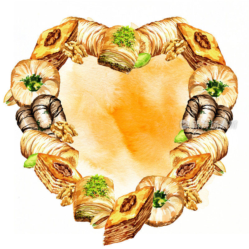 水彩心形框架的东方糖果水彩背景，传统的土耳其糖果，果仁蜜，果仁，蜂蜜，手绘素描