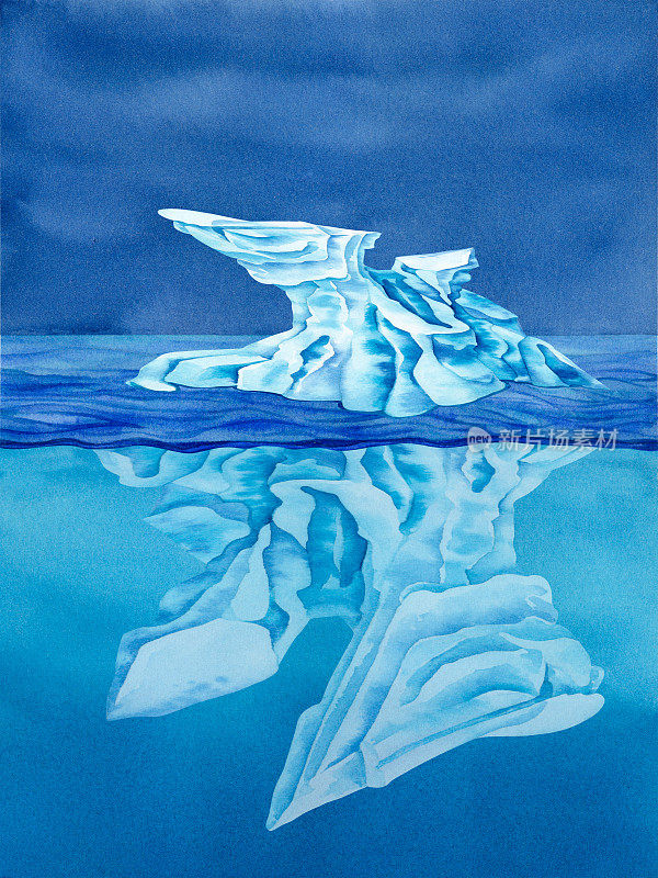 水彩画的神奇冰山在海蓝色的大海与深蓝色的天空与它的水下部分。
