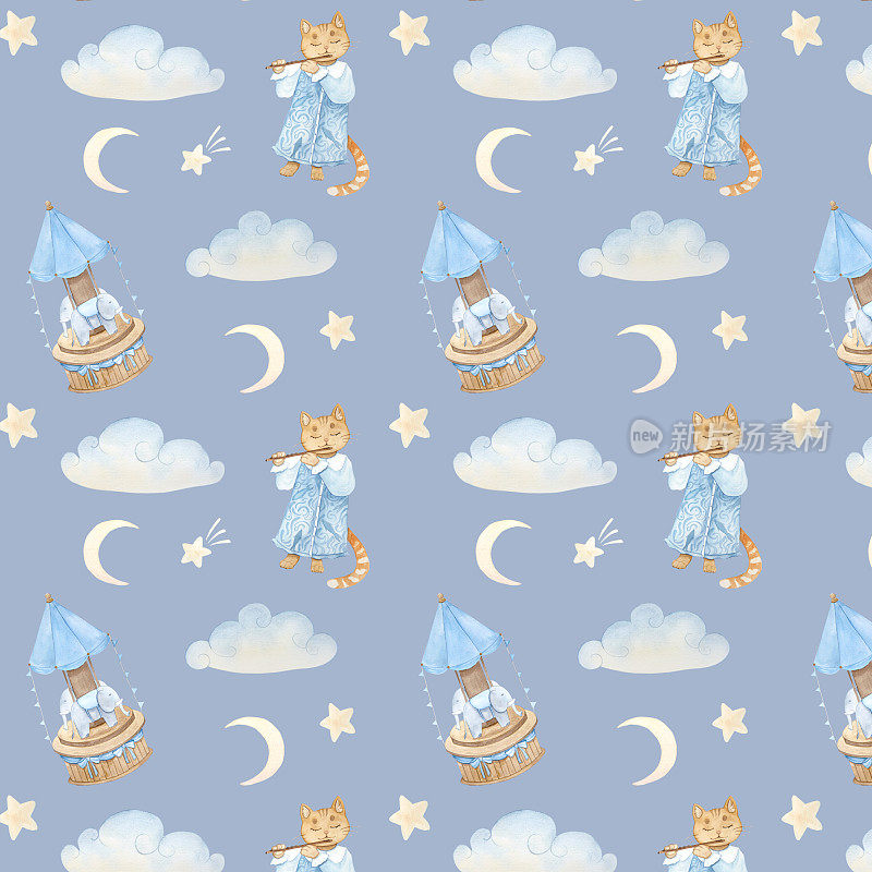 水彩图案与复古可爱的童话猫，旋转木马，云，星星在蓝色的背景
