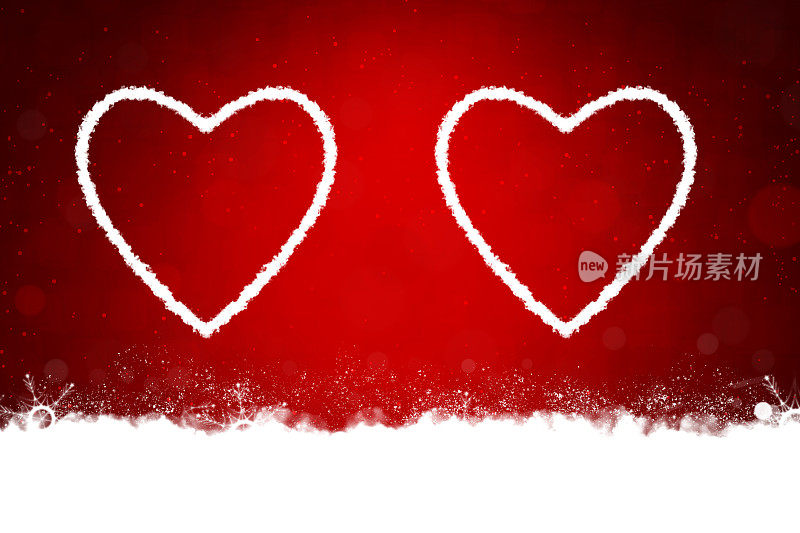 银白色的三维或三维水平圣诞背景与两个大的心在明亮的充满活力的红色栗色节日发光闪闪的背景情人纪念日浪漫的贺卡，