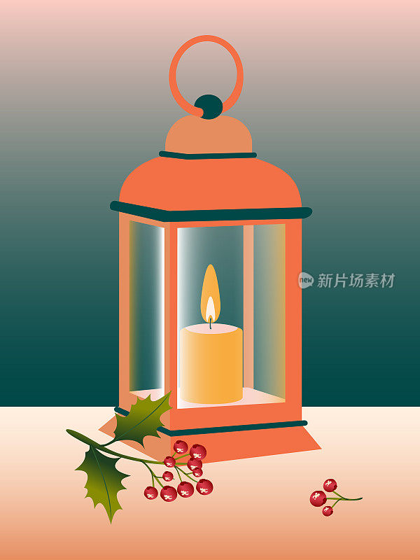 复古灯与燃烧的蜡烛。可爱的圣诞卡片，有夜灯和冬青浆果。向量。