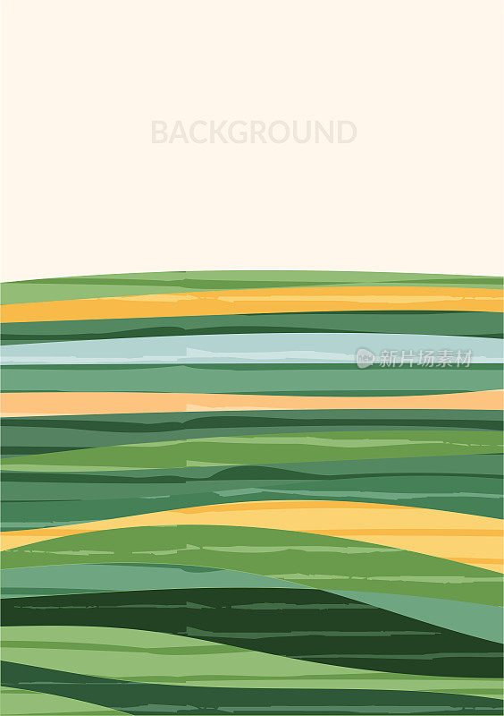 绿色农场农业领域模板。农业设计矢量布局。抽象的生态海报。垂直生态背景。生态乡村，山形，装饰有机农田，自然艺术传单