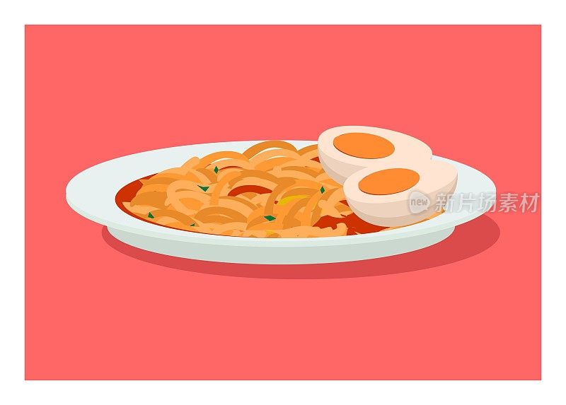 热汤面放在盘子上，上面有煮鸡蛋。简单的平面插图。