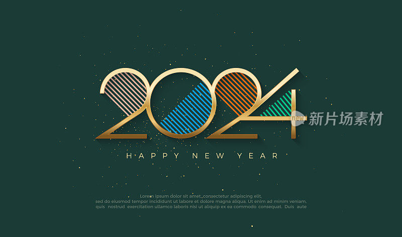 金色和彩色的设计编号2024，庆祝2024年新年快乐。为问候和快乐的新年2024庆祝的高级矢量设计。