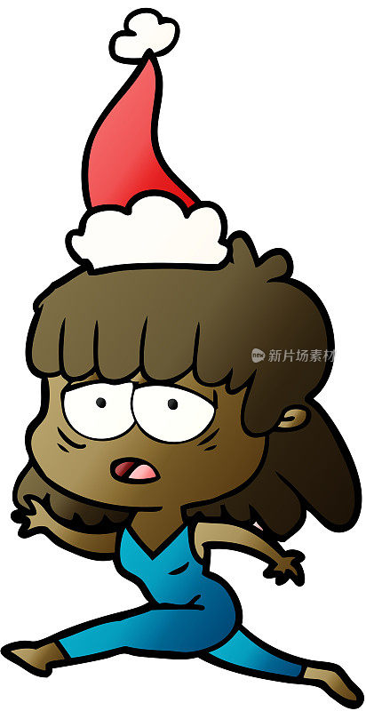 手绘渐变卡通，疲惫的女人戴着圣诞老人的帽子