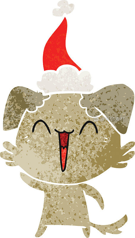 挥舞的小狗手画复古卡通戴着圣诞老人的帽子