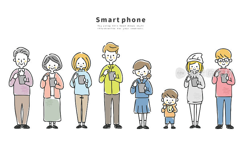 不同的人操作智能手机的插图。