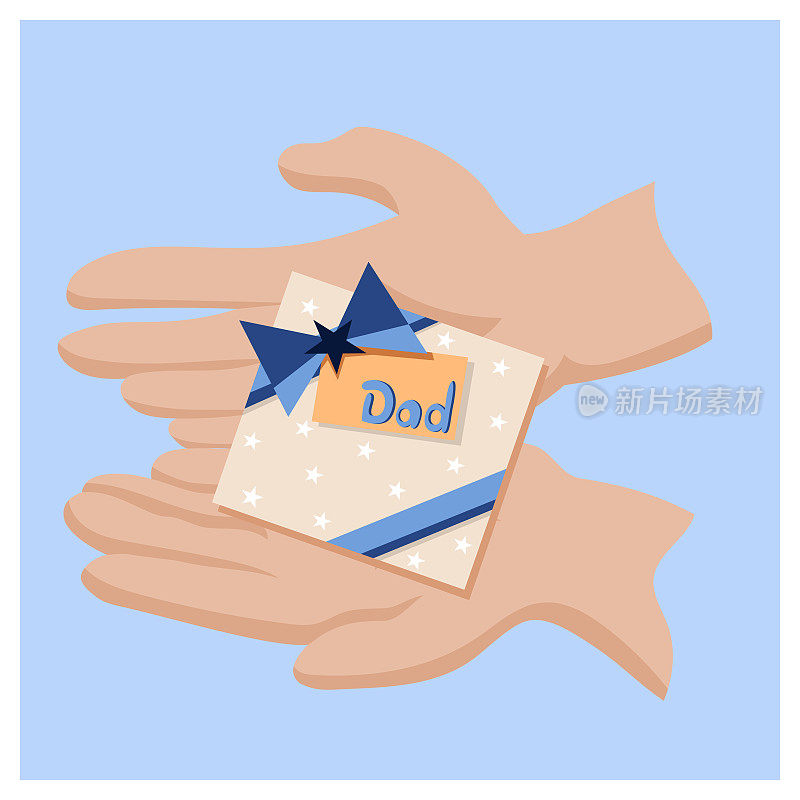 简单风格的卡片在蓝色和橙色色调与手握卡片或礼品盒。刻字爸爸。父亲和养育子女。每天的每一刻。爱我爸爸。父亲节快乐。最好的爸爸。