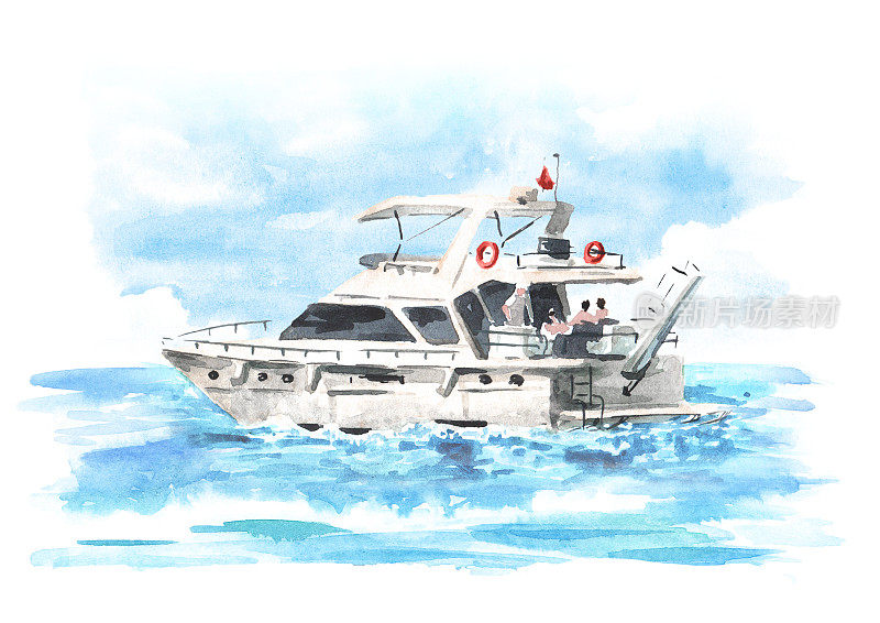 海上小船，游艇上的海浪和蓝天。手绘水彩插图，孤立的白色背景