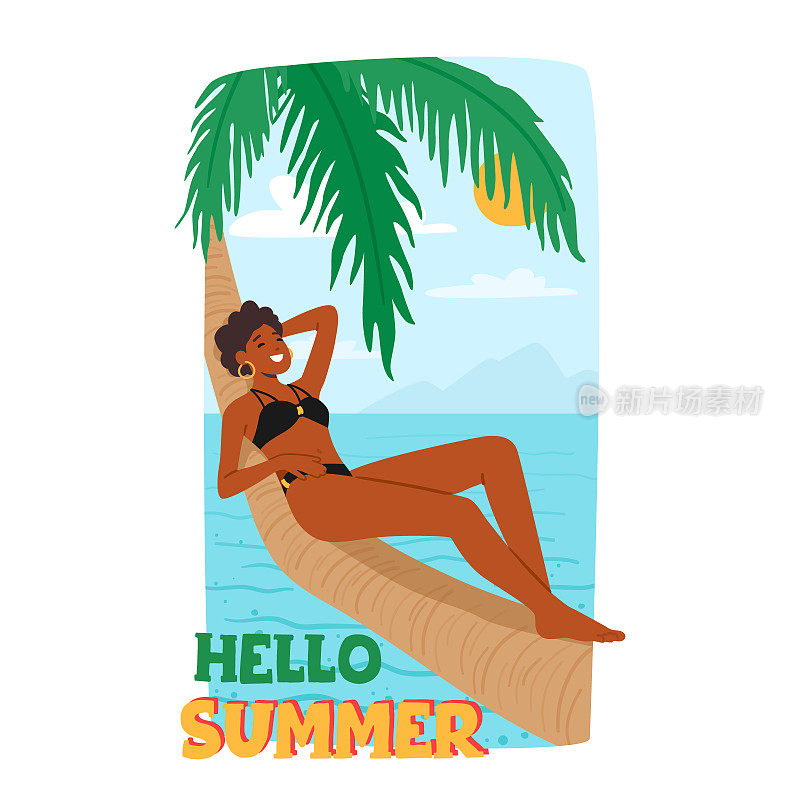 你好，夏天海报与黑人妇女舒适地躺在棕榈树上，享受温暖的阳光和凉爽的微风
