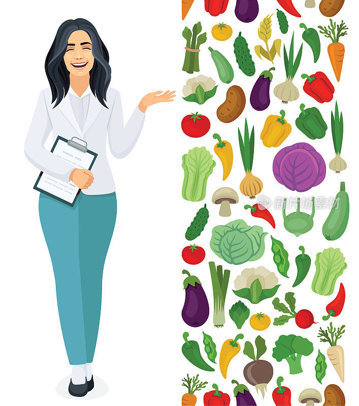 营养学家医生展示蔬菜。营养师推荐健康食品。