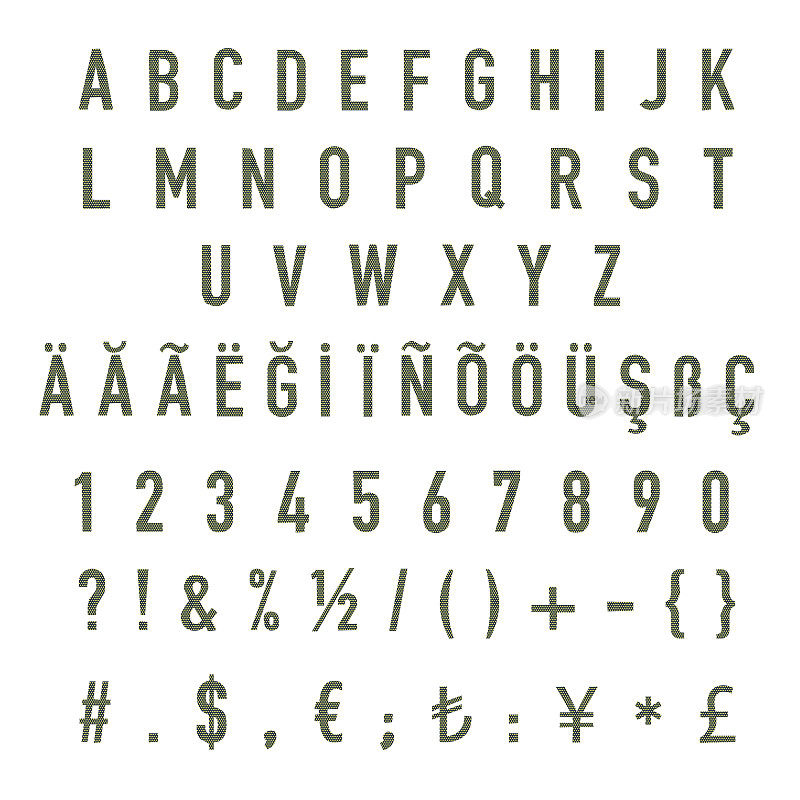点半色调字体设计，字母，数字，货币标志和标点符号。字体。