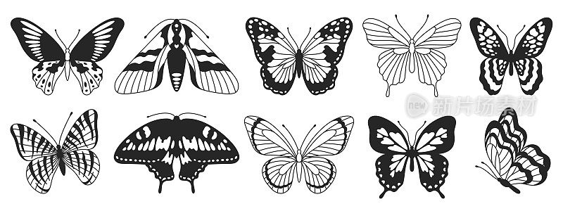 蝴蝶第三套黑白相间的翅膀在波浪线和有机形状的风格。Y2k美学，纹身轮廓，手绘贴纸。矢量图形在时尚的复古2000年代的风格