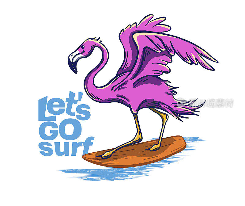 火烈鸟冲浪上大浪凉爽的夏季t恤印花。鸟骑冲浪板。让我们去冲浪的口号