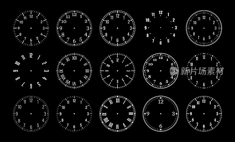 钟面。时钟拨。带箭头的空机械表表盘-分钟和小时标记。向量组