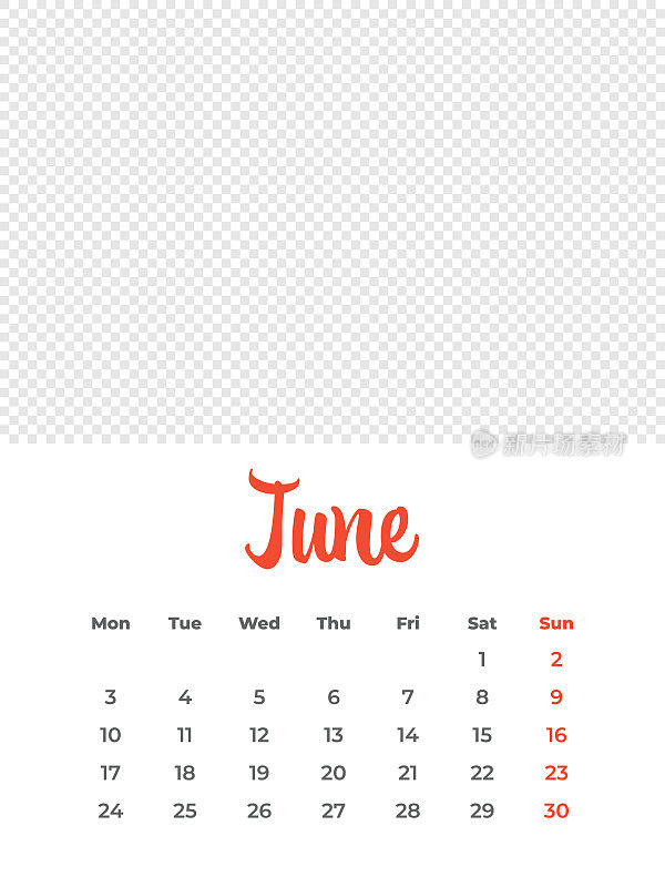 2024年6月-日历与照片或插图的地方。日历矢量模板为2024年。这一周从星期一开始