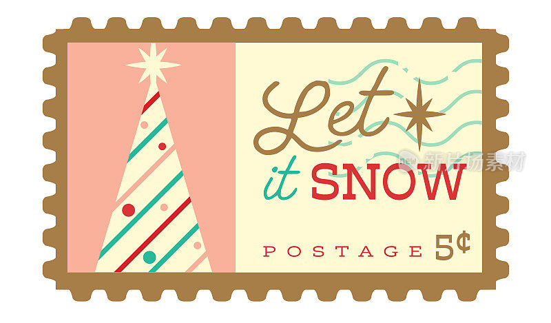 圣诞让它下雪邮票与圣诞树明亮的调色板在白色的背景