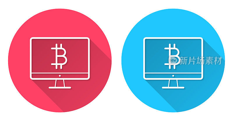 带有比特币标志的台式电脑。圆形图标与长阴影在红色或蓝色的背景