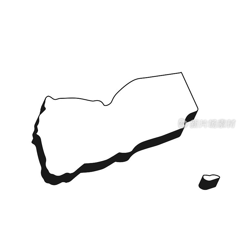 也门地图与黑色轮廓和阴影在白色背景