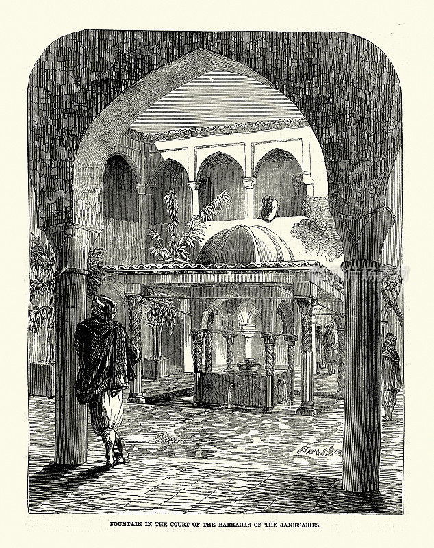 19世纪维多利亚时代19世纪50年代阿尔及尔禁卫军兵营庭院里的喷泉