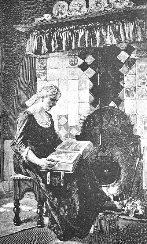 星期天早晨，在厨房的壁炉旁，一个年轻女子正在看一本厚厚的书