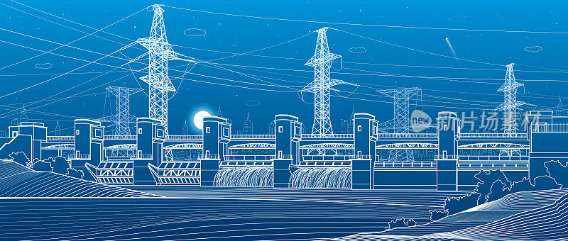 水力发电厂。河大坝。可再生能源。高压传输系统。电杆。电线。城市基础设施产业说明。矢量设计艺术