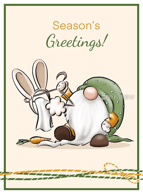 可爱的侏儒在侏儒帽子与兔子服装。圣诞和新年垂直明信片与绿色框架和模仿装饰长袍。卡通风格的侏儒集合。