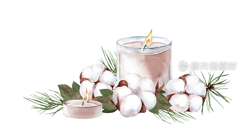 圣诞节或降临节背景与燃烧的蜡烛装饰棉花和圣诞树