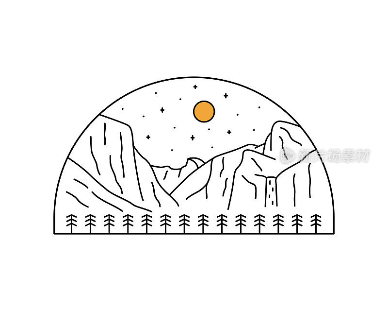 单线矢量约塞米蒂国家公园设计用于t恤，徽章，贴纸等用途