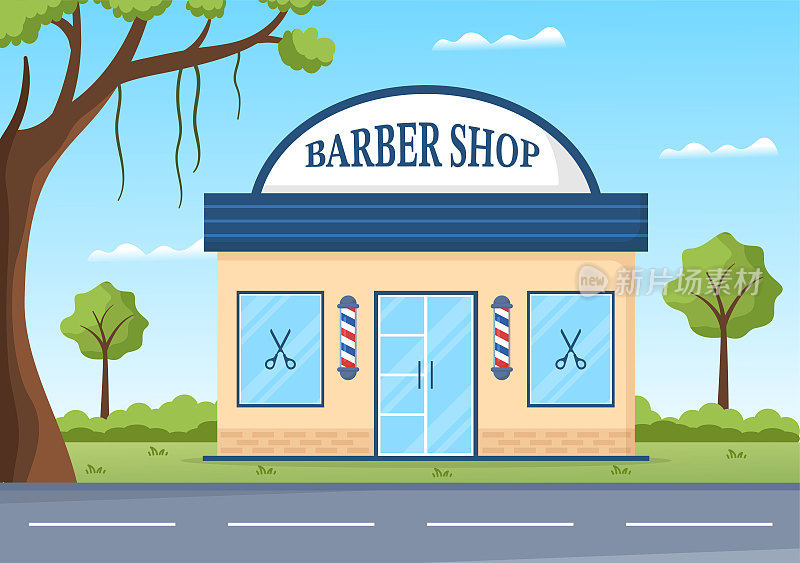 理发店为男性或女性客户理发与镜子，桌子和剪头发的设备在平面卡通手绘模板插图