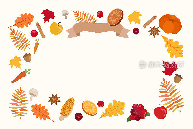 带有秋季元素的感恩节贺卡模板。