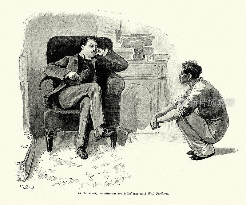 两个男人晚上聊天，坐沙发，坐在扶手椅上，19世纪19世纪90年代的维多利亚时代
