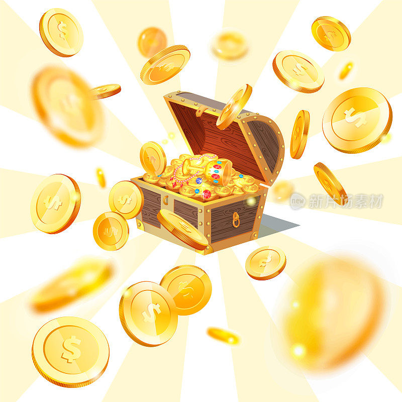 嫁妆箱与美元符号硬币落入盒子。胸前装有金钱，象征着财富和成功