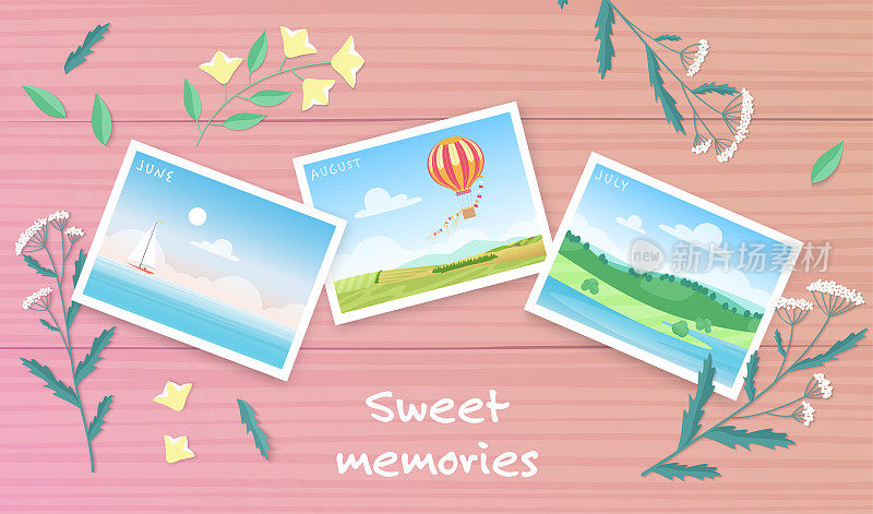 夏日旅行回忆相册设计，在木板上放上度假的照片和草药