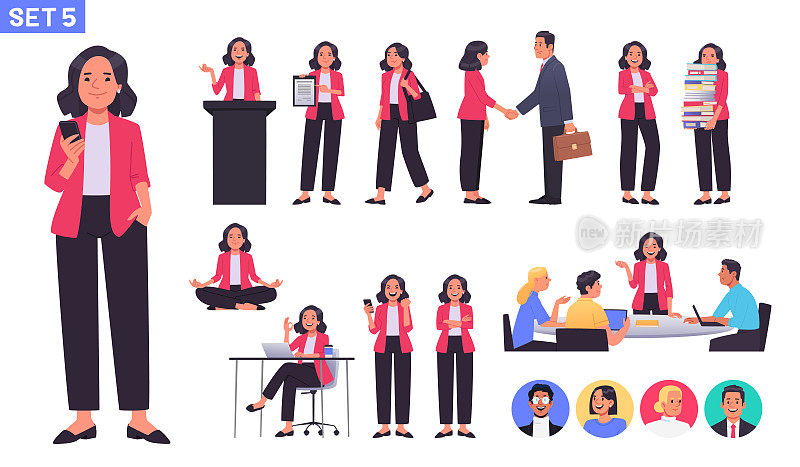 女商人或办公室职员人物集合。商业女性在不同的姿势，动作和手势。经理会议，冥想，在讲台上讲话