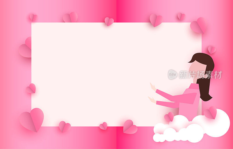 矩形框架上的心形卡通女性剪纸元素具有自由空间。粉色甜美的背景。爱情矢量符号为情人节快乐，生日贺卡设计。
