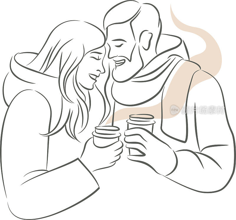 可爱的情侣穿着温暖的衣服，手里拿着纸杯，里面盛着热咖啡或热葡萄酒。