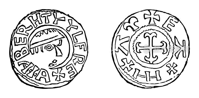 中世纪盎格鲁-撒克逊银便士的Berhtulf国王的麦西亚-古董雕刻插图