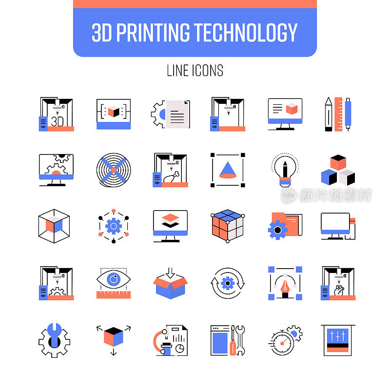 3D打印线图标集。采购产品打印机，3D，技术，设计，塑料，制造，对象，设备