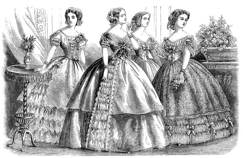 四个时装模特展示1857年4月的新服装