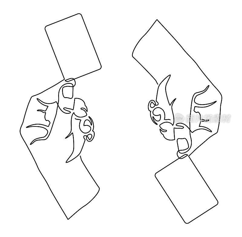 手势。用食指和拇指握住信用卡。连续直线绘制矢量插图。