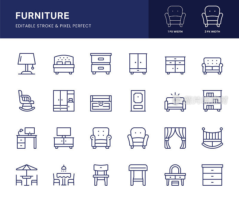 家具系列图标。这个图标集包括扶手椅,桌子,床,橱柜,衣柜等。