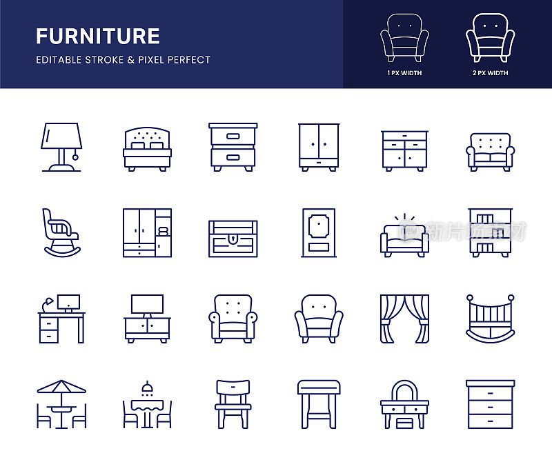 家具系列图标。这个图标集包括扶手椅，桌子，床，橱柜，衣柜等。