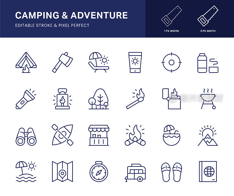 露营线图标。这个图标集包括帐篷，斧头，打火机，手电筒，商队，森林，灯笼，营火，地图等。